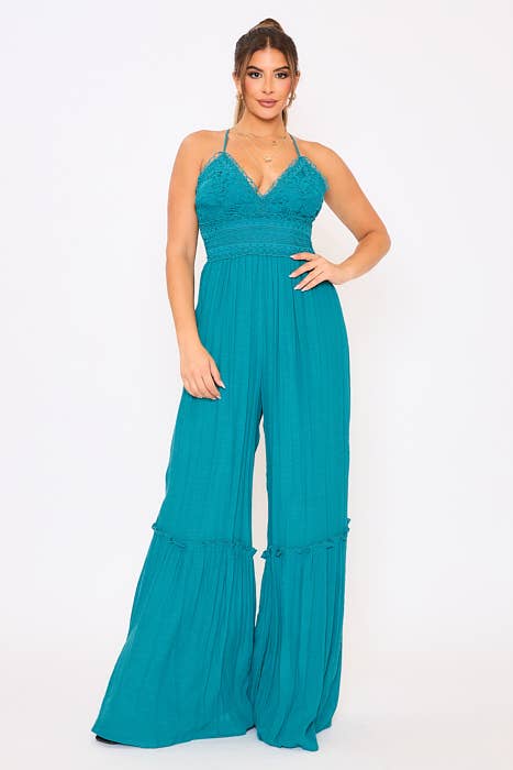 CROCHET RAYON CRINKLE TIE BACK WIDE LEG JUMPSUIT DM2517