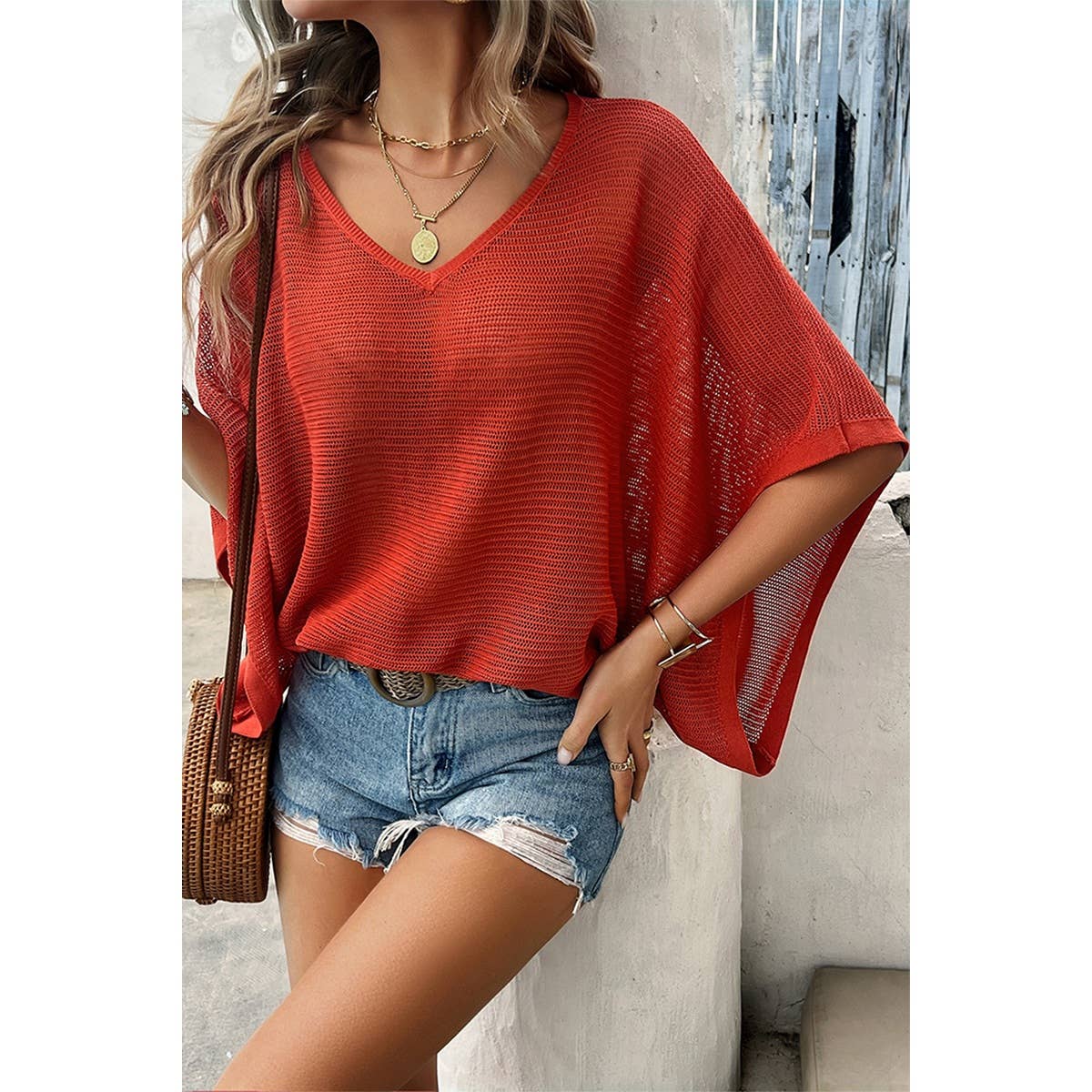Solid V Neck Knit Loose Fit Bat Sleeves Top