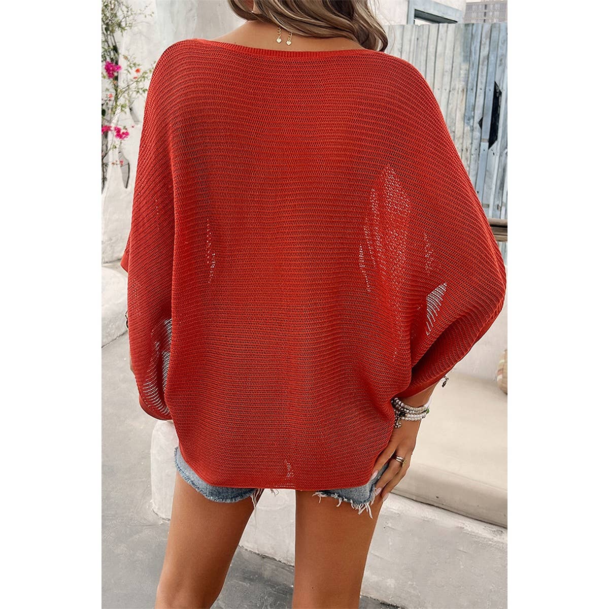 Solid V Neck Knit Loose Fit Bat Sleeves Top